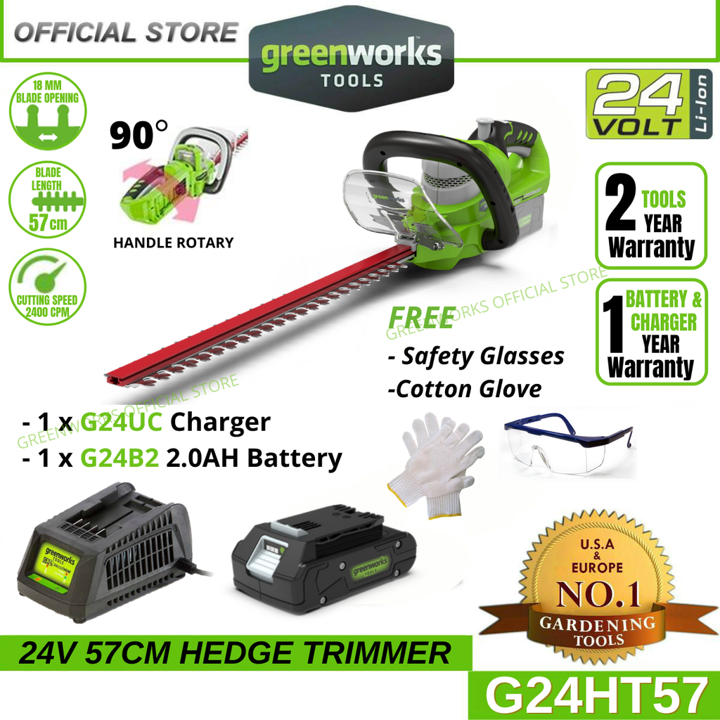 Greenworks 24V 57cm Cordless Deluxe Hedge Trimmer 90degree Rotary G24HT57 (With 2AH Battery &amp; Charger)