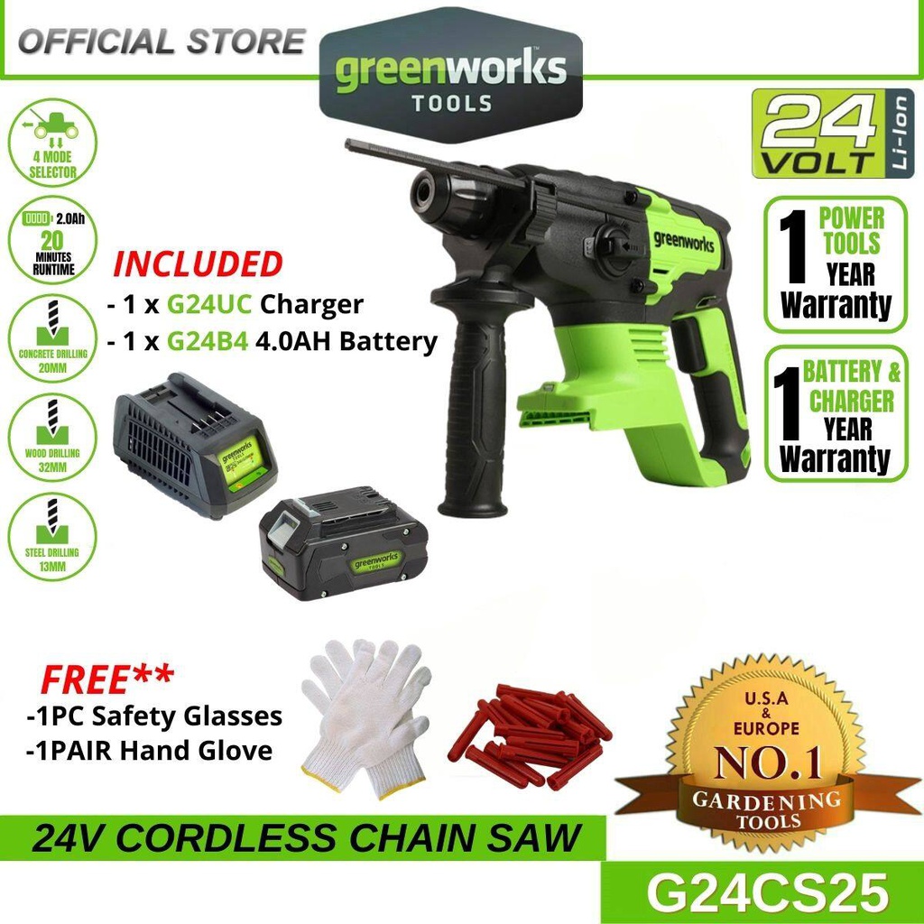 Greenworks GD24SDS2 24V Cordless Brushless Rotary Hammer (With 4AH Battery &amp; Charger)