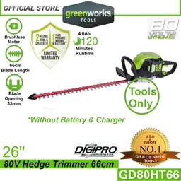 Greenworks GD80HT66 80V 26&quot; Cordless Hedge Trimmer (Without Battery &amp; Charger)